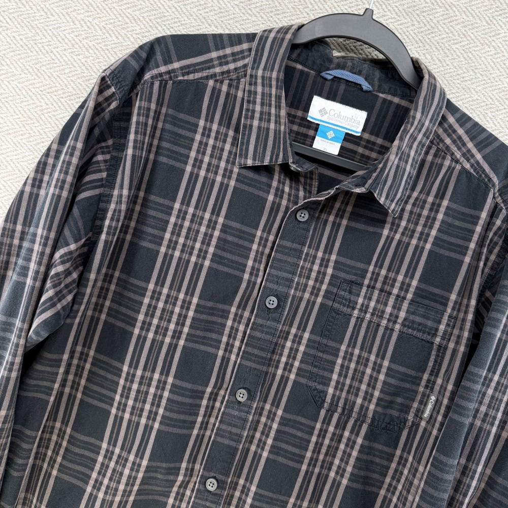 Columbia Button Down Shirt XL Black Brown Cotton Plaid Long Sleeve Casual